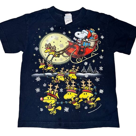 Peanuts Snoopy and woodstock Christmas santa sleigh vintage t shirt youth small - Picture 1 of 6